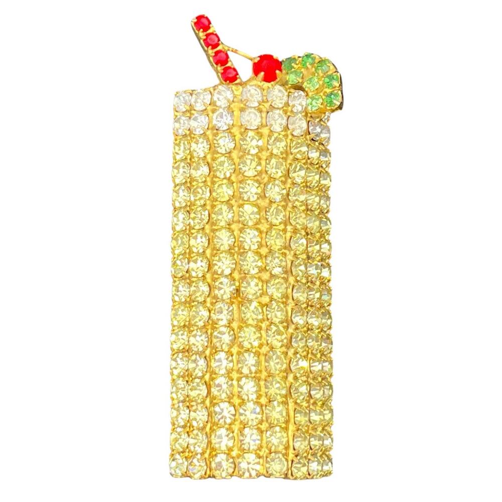 VTG Signed Bauer Cocktail Rhinestone Brooch Pin Yellow Green Red Holiday Bling